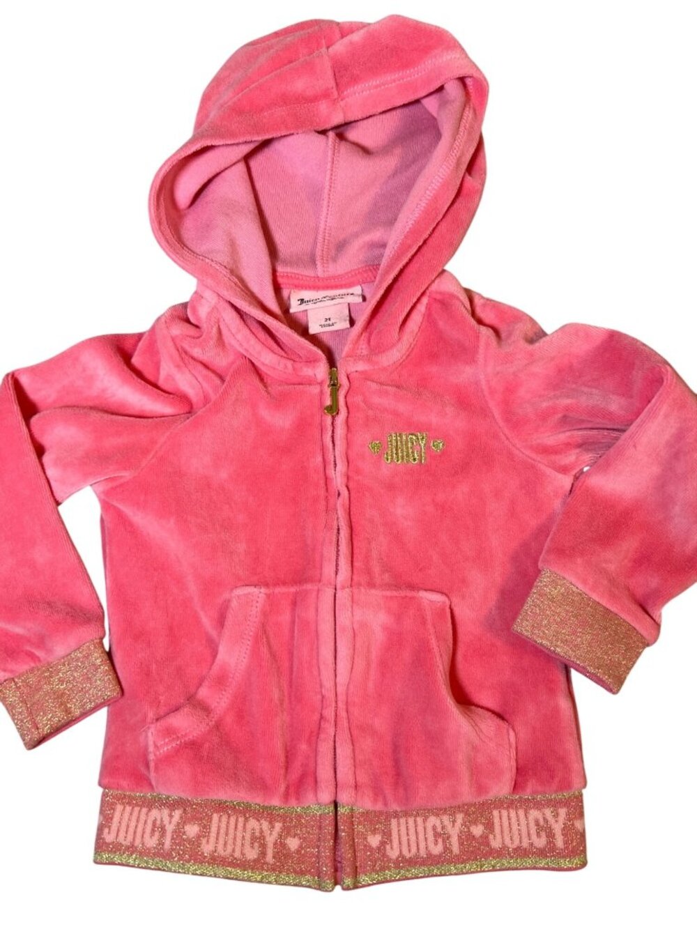 Juicy Couture Toddler Girl Pink Velour Full Zip Hoodie Glitter Hem 2T